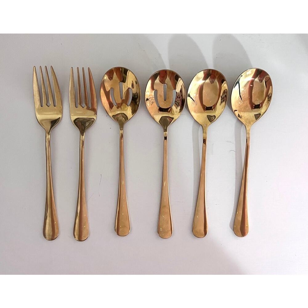 Hong Han Gold Tone Serving Utensils 6 pieces Forks Spoons Slotted